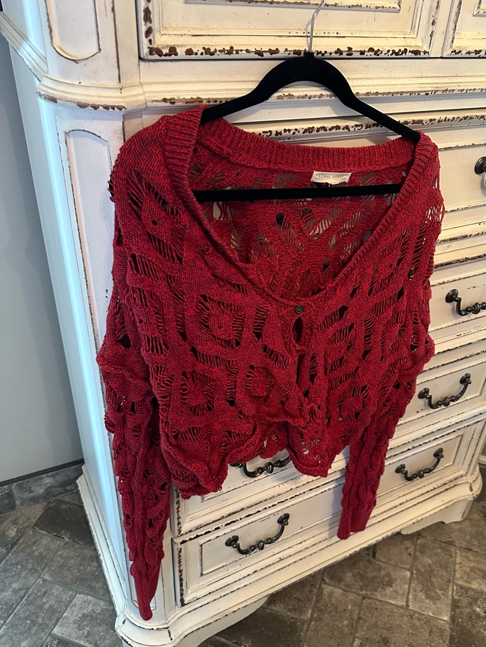 Buckle Open-Knit Scoop Neck Sweater in Red